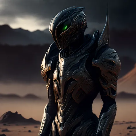 alien warrior, black metallic suit,  war field , alien planet