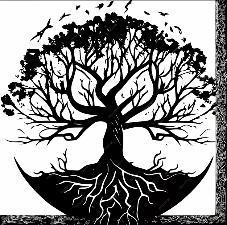 A black and white tree with roots and birds flying around it, tree of life seed of doubt, Yggdrasil, tree of life inside the ball, Tree of Life, arte vetorial em preto e branco, the tree of life, World Tree, arte vetorial svg, silhueta estilizada, cosmic t...