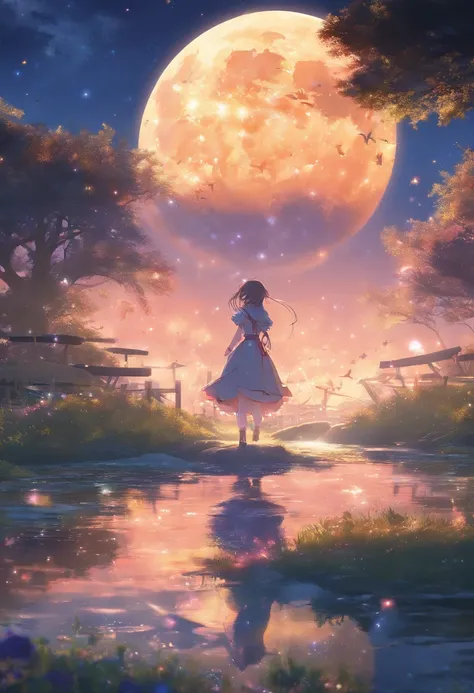 A highly condensed beauty dressed in a painting of stars and moons in the river and sky, arte conceitual inspirada em Tosa Mitsuoki, Vencedor do concurso Pixiv, best quality, arte de fantasia, belas cenas de anime, uma rodada de lua brilhante, Starry sky e...