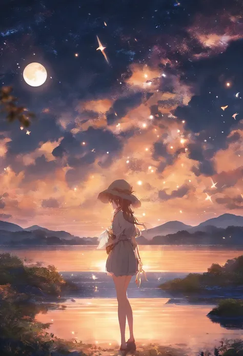 A highly condensed beauty dressed in a painting of stars and moons in the river and sky, arte conceitual inspirada em Tosa Mitsuoki, Vencedor do concurso Pixiv, best quality, arte de fantasia, belas cenas de anime, uma rodada de lua brilhante, Starry sky e...