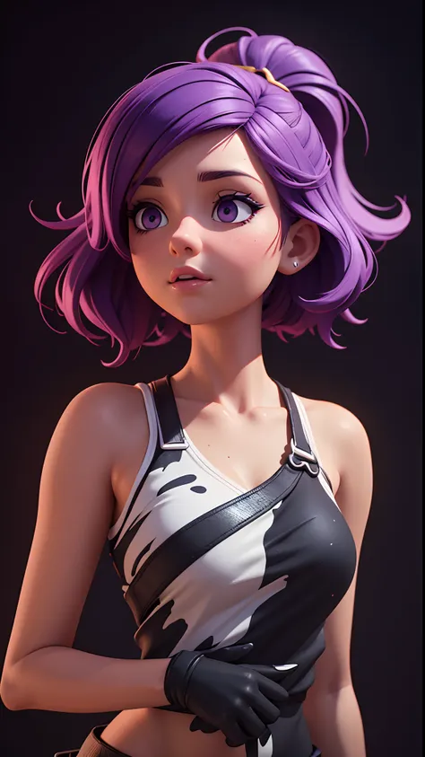 professional 3d model a beautiful girl is surrounded by colorful paint, purple hair, liquid wave, layered style, soft curved, bl...