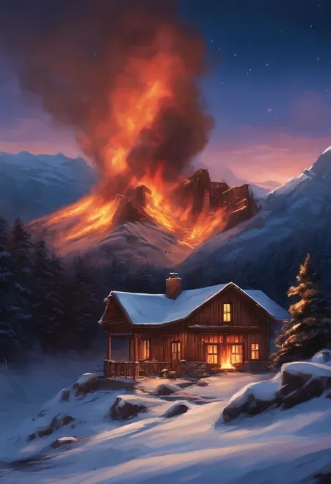 Winter night in the background，Deep in the mountains，There was a building on fire，The fire burst into the sky，Comic style