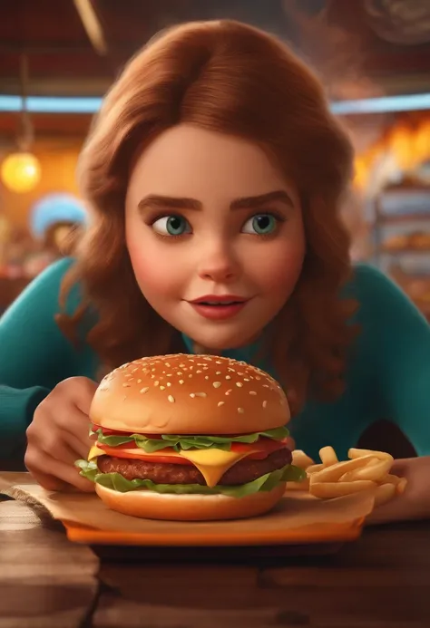 Make a Girl, Shes hungry, como Disney Cartoon, Shes eating burger at SHELBY BURGER, Pixar, ..3d, Disney