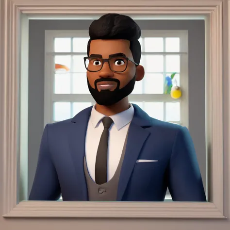 Create a poster inspired by Disney Pixar with the character being a man, 26 years old, lawyer, dark skin, beard, short black gradient hair, wearing a white shirt and navy blue suit, not wearing a tie, with arms crossed, looking straight ahead with a smile ...