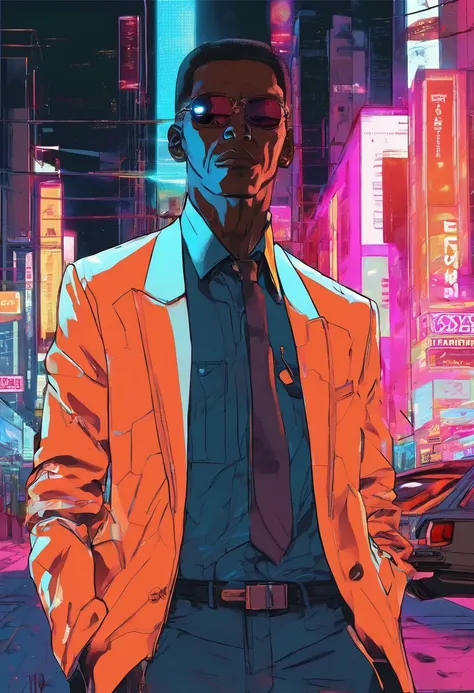 ((magro, Lanky, normal, meados dos anos 30, Unshaven, Branco, ((americano, pale skin, english)), macho, Businessman walking under the night sky with moon out wearing a basic suit and tie)), cowboy shot, ((ultra detalhado neon cyberpunk futurista cidade )),...