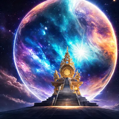 超A high resolution, top-quality, Photo, 16 K, (Photorealsitic: 1.2), 电影灯光, Surrounded by a radiant aura, Put them on a grand throne against the background of space, Soaring on the Crystal Throne, Soar above the Crystal Cloud, Surrounded by the splendor of ...