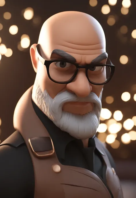 Cartoon character of a man with a shaved head and a large closed beard, with black glasses and a black shirt, animation character, Caractere estilizado, animation style rendering, 3D estilizado, Arnold Maya render, 3 d render stylized, toon render keyshot,...