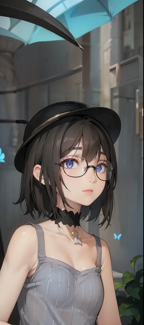 Black hair, short hair, bangs, eyeglasses, hat, butterfly choker, (small breasts:1.2), bust up, dress, looking at viewer, (masterpiece:1.2), best quality, high resolution, unity 8k wallpaper, (illustration:0.8), (beautiful detailed eyes:1.6), extremely det...