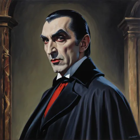 Bela Lugosi as Count Dracula, UHD oil painting on canvas in the art style of Neal Adams