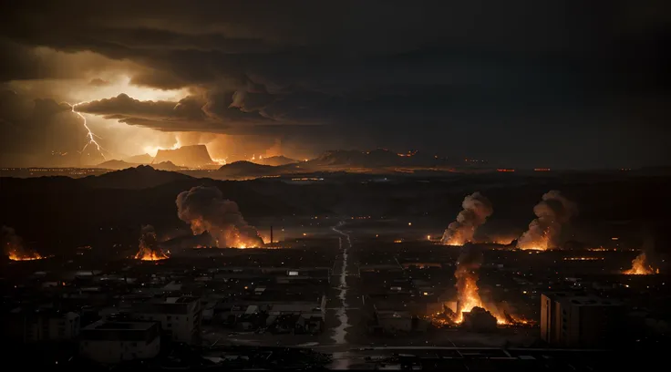 (best quality,4k,8k,highres,masterpiece:1.2),ultra-detailed,(realistic,photorealistic,photo-realistic:1.37),ancient biblical city,destroyed city,city ruins,dark and ominous atmosphere,fire and brimstone,scattered debris and rubble,dark clouds and lightning...