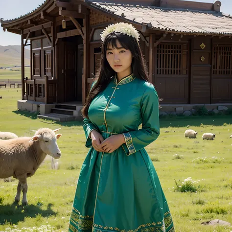 2 Mongolian women, 20 age, Beautiful face, big breasts, dress up palace girl dress, In green meadows... There are many flocks of sheep....