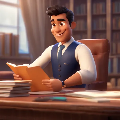 Create a Disney Pixar-inspired with the character being a man, 26 years old, slim, lawyer, dark skin, beard, Black gradient short hair, wearing a white shirt and navy blue suit, Do not wear a tie, with arms crossed, looking forward with a smile, background...