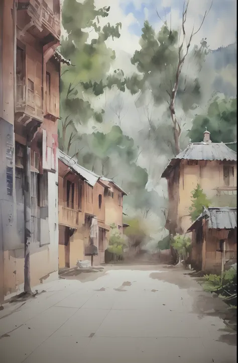 Watercolor painting, small path of Chinese rural houses, trees, bright sun, shade,