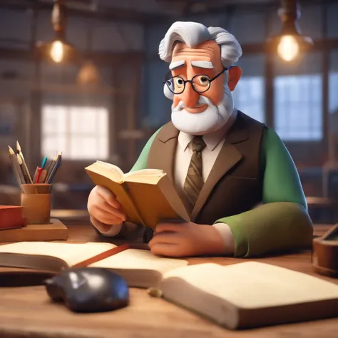 Crie um cartaz inspirado na Disney Pixar com o personagem sendo o pastor Rubens Janier, A gray-haired man wearing glasses, in an office with a Bible on the table, Looking forward and serious