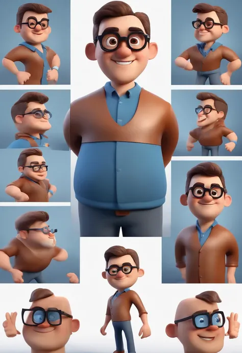 Cartoon character of a man with black glasses and a blue shirt, animation character, Caractere estilizado, animation style rendering, 3D estilizado, Arnold Maya render, 3 d render stylized, toon render keyshot, Personagem 3D, Personagem 3D, 3d rendering st...