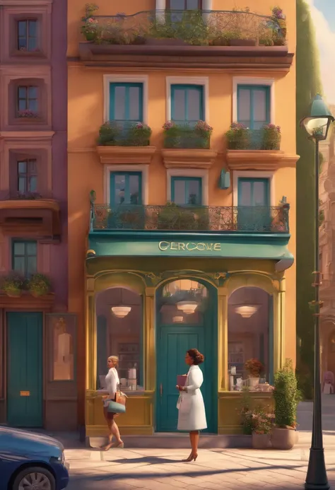 3D Pixar style drawing of a beauty clinic in the city center with a character in the foreground.