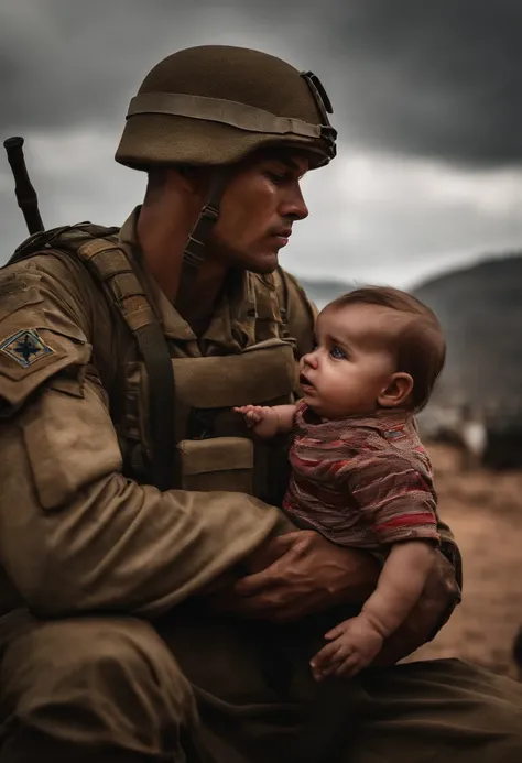 A soldier in war crying looking up at the sky with a crying baby in his arms, ao fundo a bandeira de israel rasgada, cidade em fogo e em ruinas bombardeada