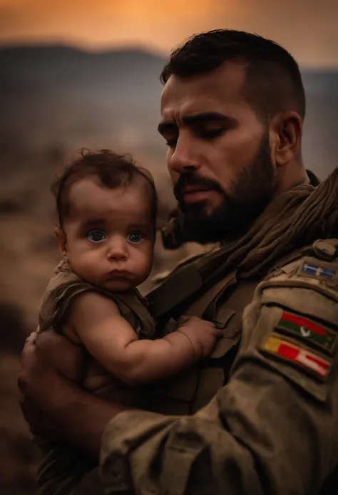 A soldier in war crying looking up at the sky with a crying baby in his arms, ao fundo a bandeira de israel rasgada, cidade em fogo e em ruinas bombardeada