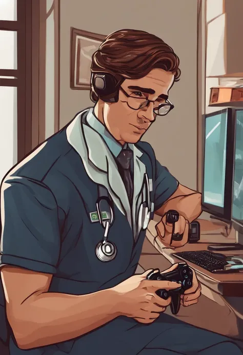 Doctor Man Playing Video Game, olhos castanhos,  Feliz