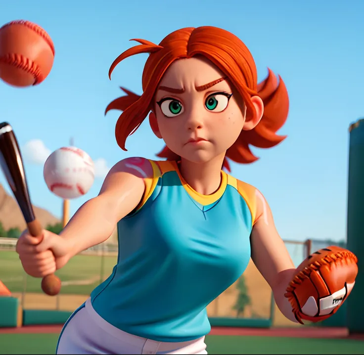 Masterpiece, (watercolor:1.3), (short stack:1.1), forward facing, eyes on camera, serious expression, (action shot:1.4) , (upper body strength:1.3), contrapposto (tattoo:1), softball pitcher, auburn hair, green eyes, (string bikini:1), pitching a softball ...