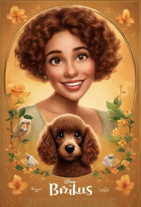 Create a poster inspired by Disney Pixar movies, apresentando um casal acompanhado por uma menina de altura mediana com cabelos castanhos escuros, Full lips and dark eyes and silly face together with brown poodle puppy girl, cachorrinho de pele bem cuidada...