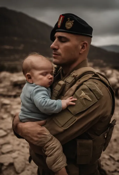 Aerial image of a soldier in war crying looking up at the sky with a sleeping baby in his arms, ao fundo a bandeira de israel rasgada, cidade em fogo e em ruinas bombardeada