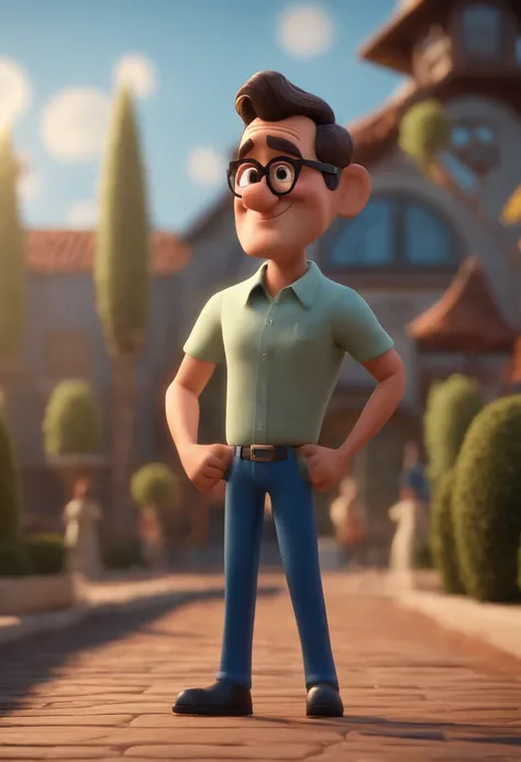 Cartoon character of a man with black glasses and a blue shirt, animation character, Caractere estilizado, animation style rendering, 3D estilizado, Arnold Maya render, 3 d render stylized, toon render keyshot, Personagem 3D, Personagem 3D, 3d rendering st...