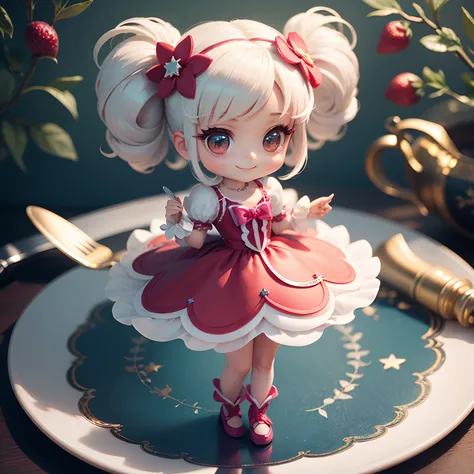 ​masterpiece、top-quality、ultra-detailliert、(Chibi Chara　Precure:1.2)、White-haired、Hair ornament with strawberry motif、Pretty Cure Cosplay、Long cutlery with a gorgeous star-shaped motif、Standing、A smile、The background is Monets flower art wallpaper