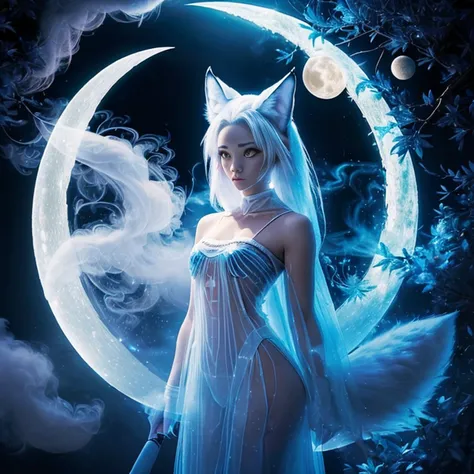 (Next to the anime girl with white-skinned fox ears before the full moon is a huge nine-tailed white fox:1.5), fantasia raposa amor, Raposa de cabelos brancos, anime raposa branca, anime fantasy illustration,(Fundo escuro da floresta，blue transparent smoke...