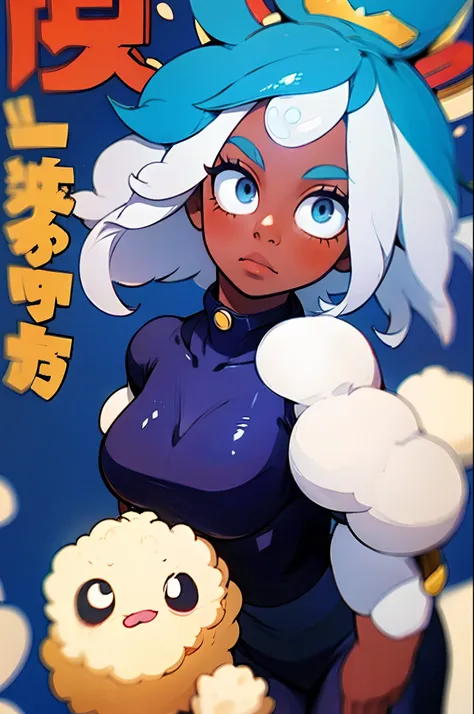 horikoshi kouhei, 1girl, absurdres, white hair, blue eyes, eyebrows, dark skin, blurry, blurry background, boku no hero academia, long fluffy curly hair,twitter username, a cartoon of a young woman, official character art, official art, boku no hero academ...