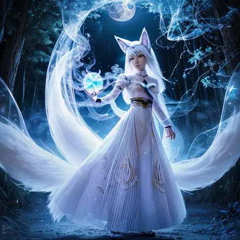 (Next to the anime girl with white-skinned fox ears before the full moon is a huge nine-tailed white fox:1.5), fantasia raposa amor, Raposa de cabelos brancos, anime raposa branca, anime fantasy illustration,(Fundo escuro da floresta，blue transparent smoke...