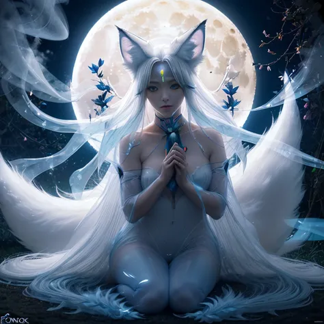 (Next to the anime girl with white-skinned fox ears before the full moon is a huge nine-tailed white fox:1.5), fantasia raposa amor, Raposa de cabelos brancos, anime raposa branca, anime fantasy illustration,(Fundo escuro da floresta，blue transparent smoke...