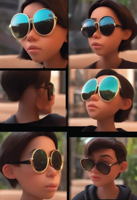 Um menino de 14 anos, pele clara, with black sunglasses with round lens and short straight hair, estilo pixar, 3D, (8k)