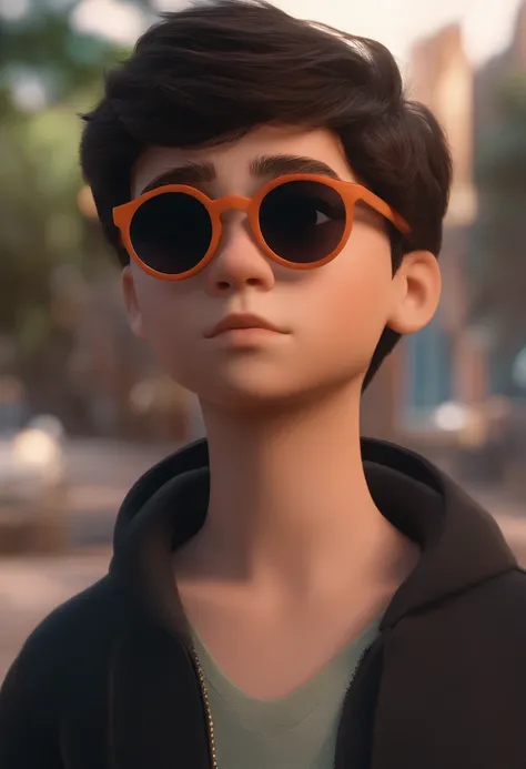 Um menino de 14 anos, pele clara, with black sunglasses with round lens and short straight hair, estilo pixar, 3D, (8k)