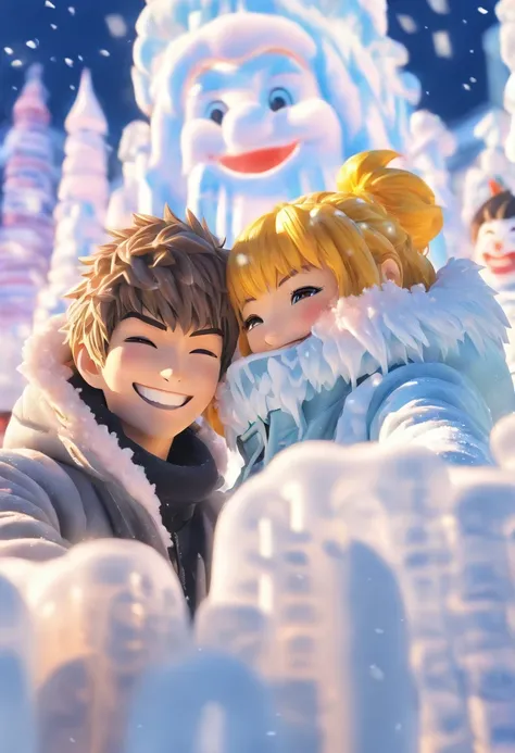 beautiful intricate detail, (couple, one man, one woman:1.4), bangs, ohime-cut, hairpin, yellow jacket, white sweater, (selfie, bright smile, looking at you, close up:1.4), detailed background, (sapporo snow festival, ice sculptures in back:1.4), [snow], i...