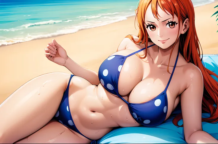 Anime girl in a blue bikini lying on the beach with a palm tree, Anime drawing by Kentaro Miura, pixiv, shin hanga, Nami One Piece, nami from one piece, beautiful portrait of nami, realistic bikini, Nami, seductive anime girl, oppai, one piece, Obai pedigr...