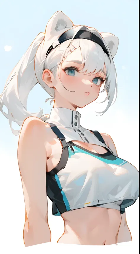 bigboobs，cropped shoulders，white color hair，high ponytail，stand up，sporty attire，top-down view，camisole