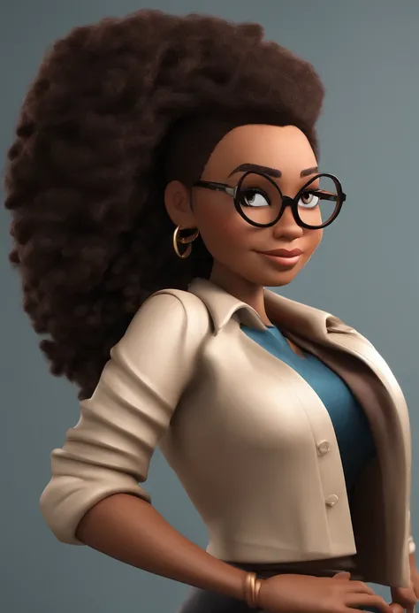 Personagem de desenho animado de uma jovem mulher, branca, with black eyeglasses, cabelo longo ondulado marrom escuro e uma camisa preta com a logo da Marvel, animation character, Caractere estilizado, animation style rendering, 3D estilizado, Arnold Maya ...