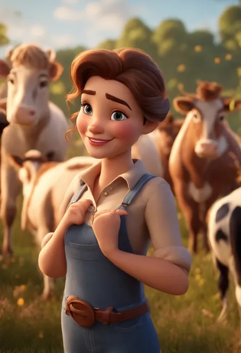 personagem dos desenhos animados de uma mulher de camisa social branca feliz, local fazenda com vacas e cavalos, animation character, Caractere estilizado, animation style rendering, 3D estilizado, imagem no estilo Disney Pixar(Estilo Pixar) (master part:1...