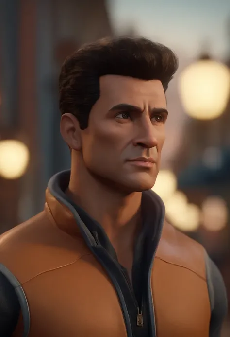 Personagem de desenho animado de um homem ao redor dos 20 anos, brasileiro, Short hair with a gradient topknot on the sides, roupa esportiva de inverno, um personagem animado, Caractere estilizado, animation style rendering, 3D estilizado, Arnold Maya rend...