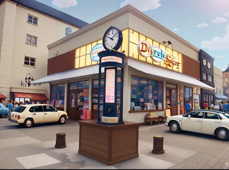 A cute detailed beautiful HD Pixar Poster of a Drugstore and a Clock