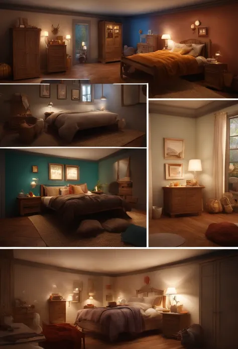 （Pixar style),A model of a cozy small room, miniature figure model, light source from right to left, Rumbrandt lighting, light source from right to left, (isometric view), (top-down), realistic scale, post-processing, ((orthogonal perspective)), super deta...