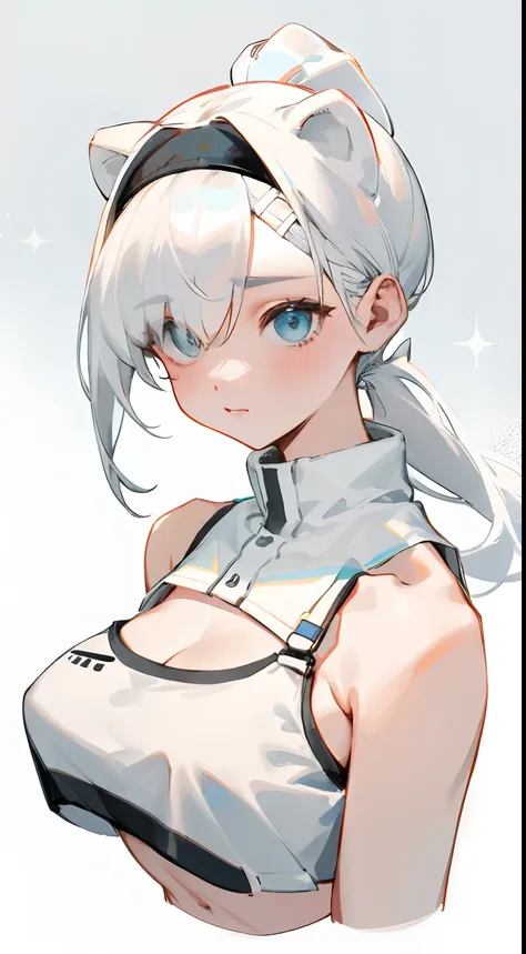 bigboobs，cropped shoulders，white color hair，high ponytail，stand up，sporty attire，top-down view，camisole