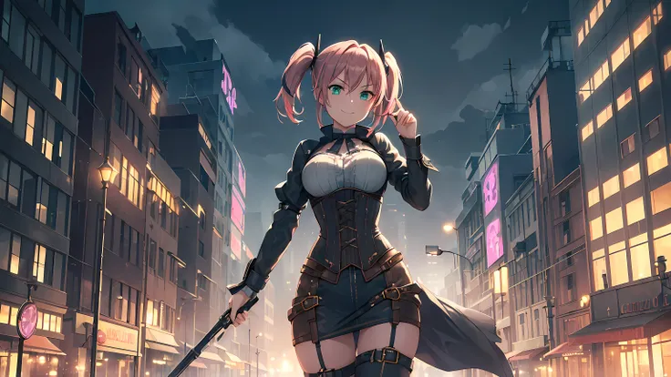 ​masterpiece, 1girl ((20year old, dressed in tight steampunk attire, corset, boots, medium breasts, multicolor pink hair, twin ponytails, perfect model body:1.3, detailed green eyes:1.5, flirting, happy, big smile, standing in a dystopian city street, surr...