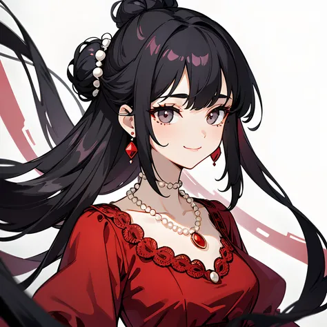 A girl with black hair gathered in a bun, two long strands in front, bangs on one side, gray eyes with long eyelashes, a mole under her right eye, a red dress in the style of the 19th century with a cutout and lace, earrings with red stones, a necklace of ...