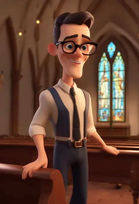 Cartoon character of a man with rounded black glasses, brasileiro, um pouco acima do peso, uma camisa branca, usando gravata vermelha, black dress pants, holding a Bible in his right hand, preaching from a pulpit inside a Christian church, animation charac...