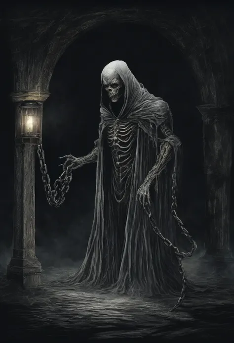 Humanoid monsters with no physical body，The appearance is a pitch-black cloak，Wrapped in chains，There is a lantern hanging from the chain，Glows a yellowish light