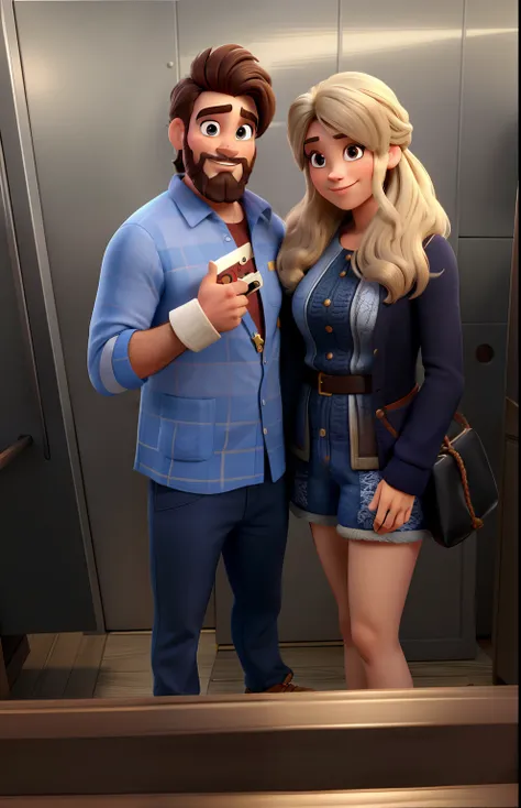 Casal (homem cabelo castanho com barba  e mulher branca com cabelo loiro) no estilo Disney Pixar, alta qualidade, melhor qualidade.