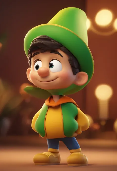 Cartoon character of a boy in an outfit based on a corn costume wearing a green cap with room for a brand and satisfied appearance, animation character, Caractere estilizado, animation style rendering, 3D estilizado, 3 d render stylized, toon render keysho...