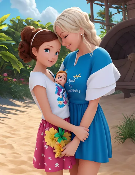 a Disney Pixar movie poster showing white-skinned mother and daughter.  Mother has round face, olhos castanhos, cabelos pretos lisos e longos .O menina tem 5 meses e cabelos castanhos, vestido branco com estampa de flores. The background is a beach garden....